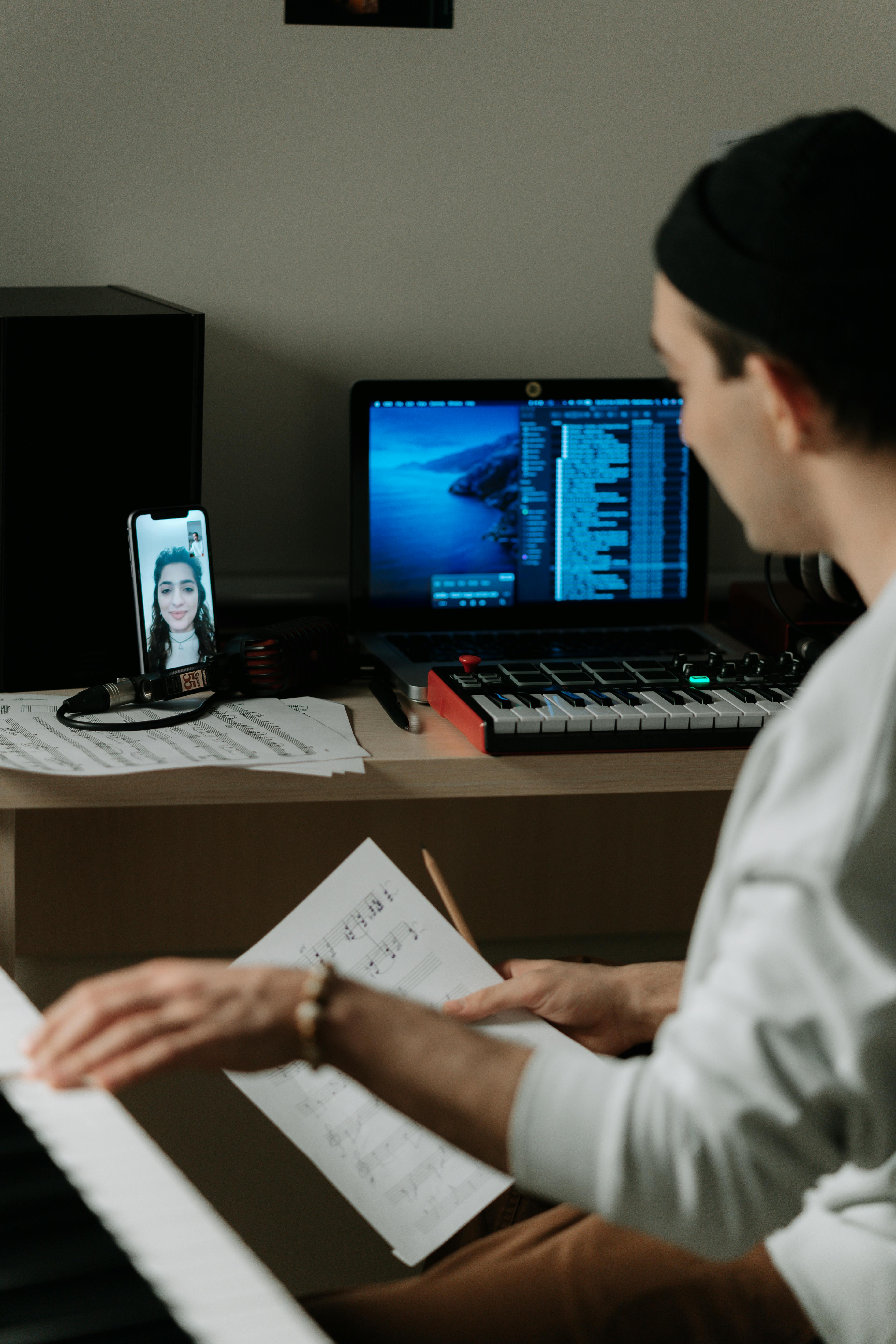 Artist with headphones on a video session